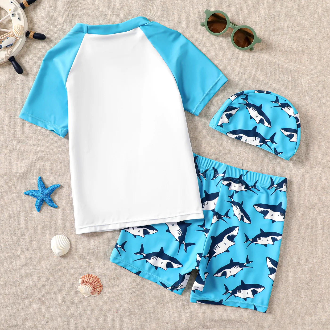 3pcs Kid Boy Shark Print Top & Swim Trunks & Swimming Cap Set Blue image 2