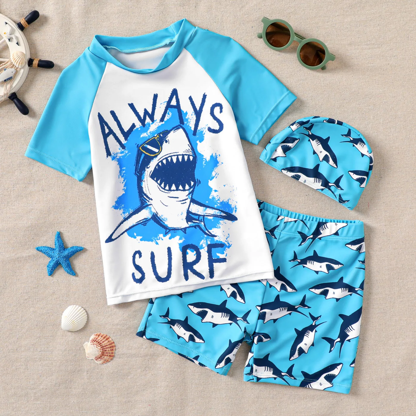 3pcs Kid Boy Shark Print Top & Swim Trunks & Swimming Cap Set