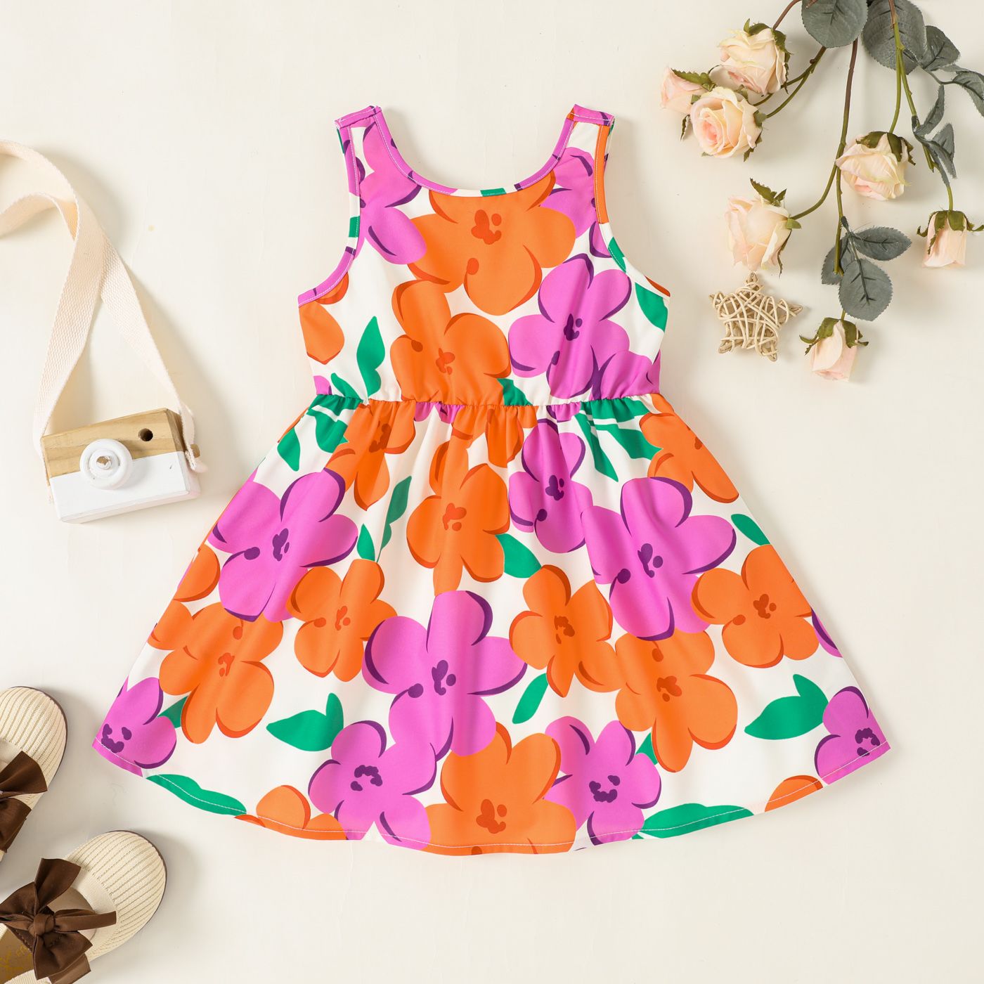 

Toddler Girl Front Bow Decor Allover Big Flower Print Strappy Dress
