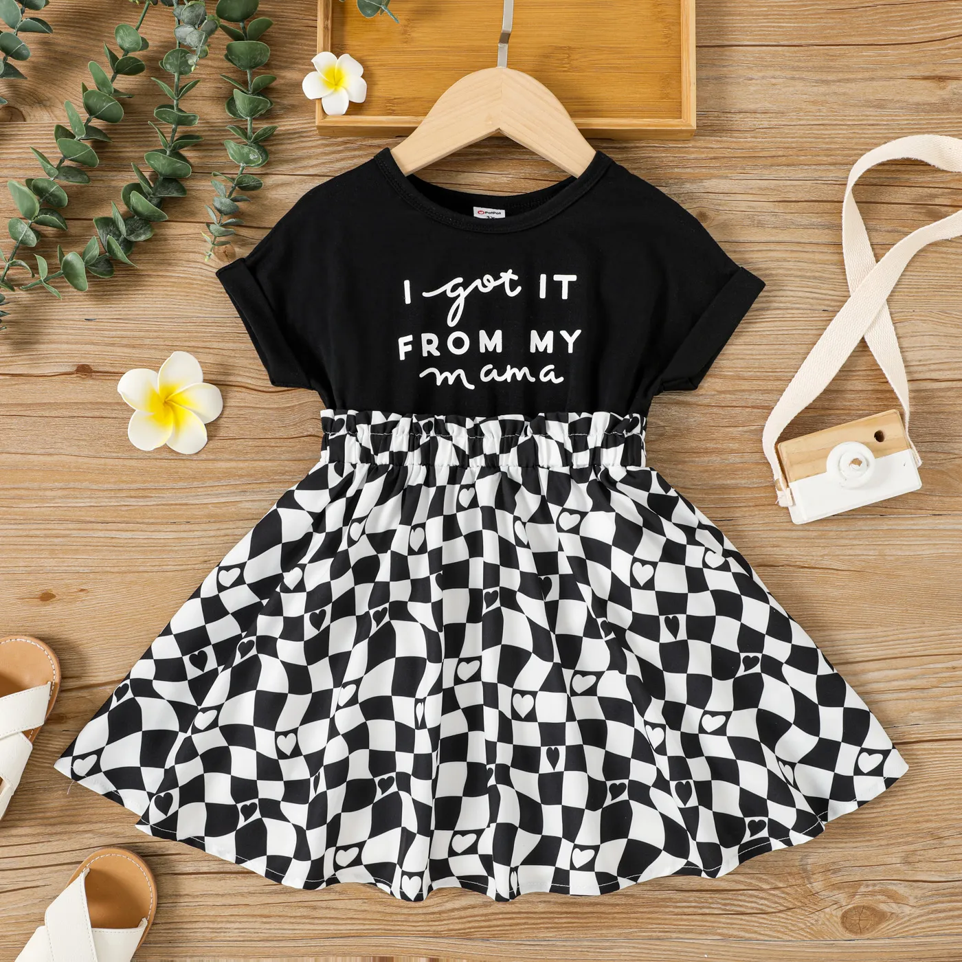 

Toddler Girl Letter & Plaid Print Short-sleeve Combo Dress
