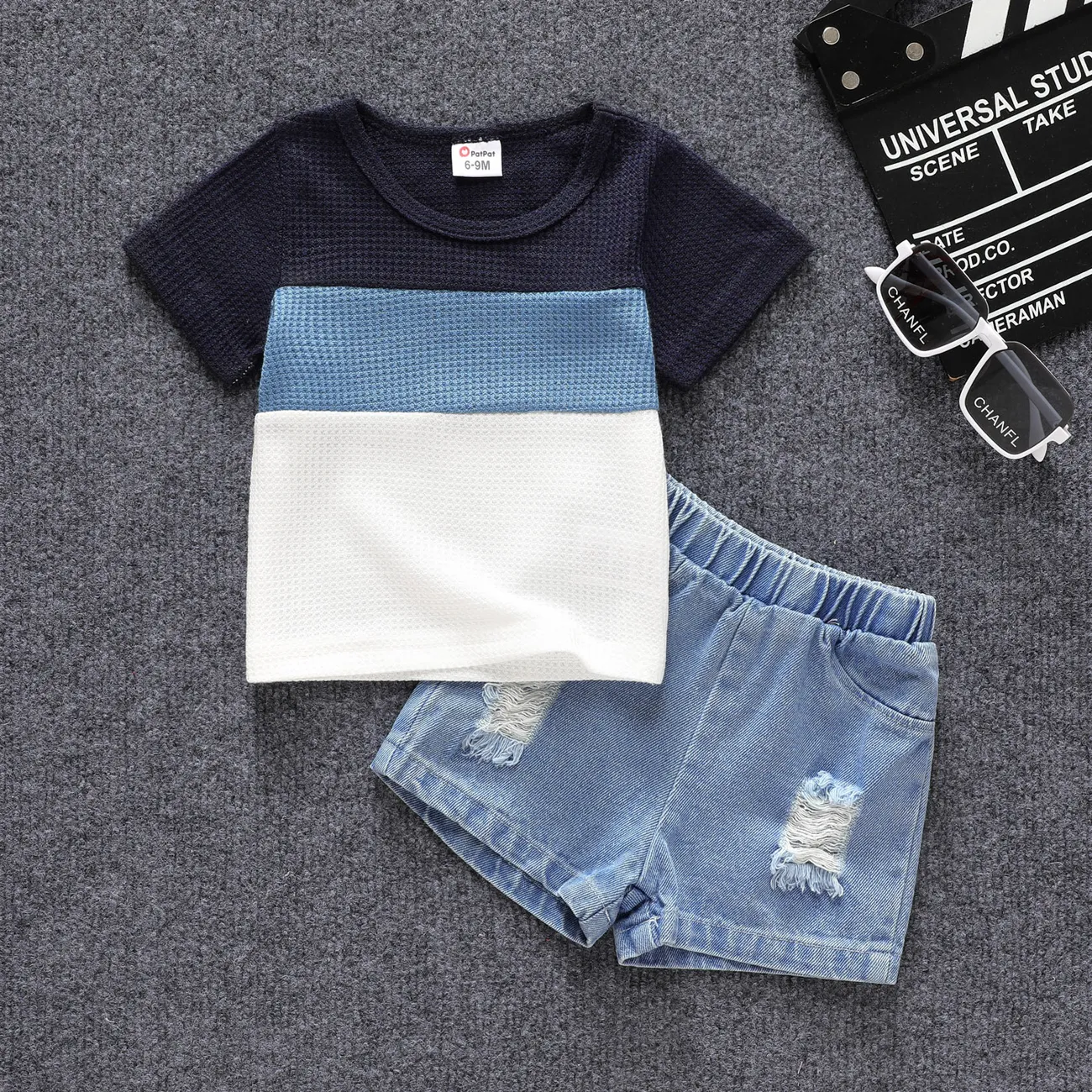 2pcs Baby Boy Color Block Waffle Top and 100% Cotton Ripped Denim Shorts Set Blue big image 1