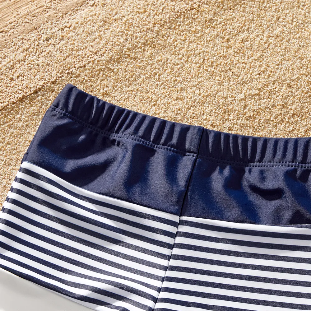 Family Matching Pinstriped Colorblock One Shoulder One-piece Swimsuit or Swim Trunks Shorts big image 5