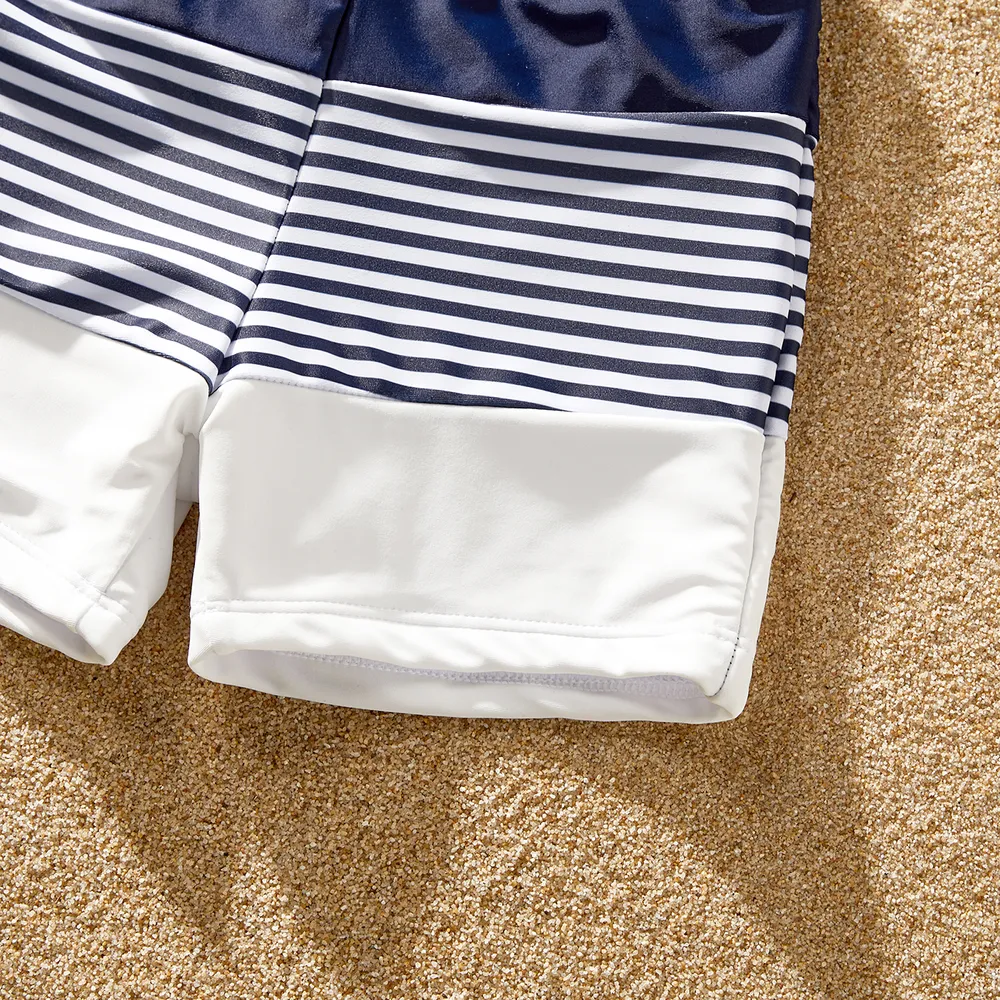 Family Matching Pinstriped Colorblock One Shoulder One-piece Swimsuit or Swim Trunks Shorts big image 4