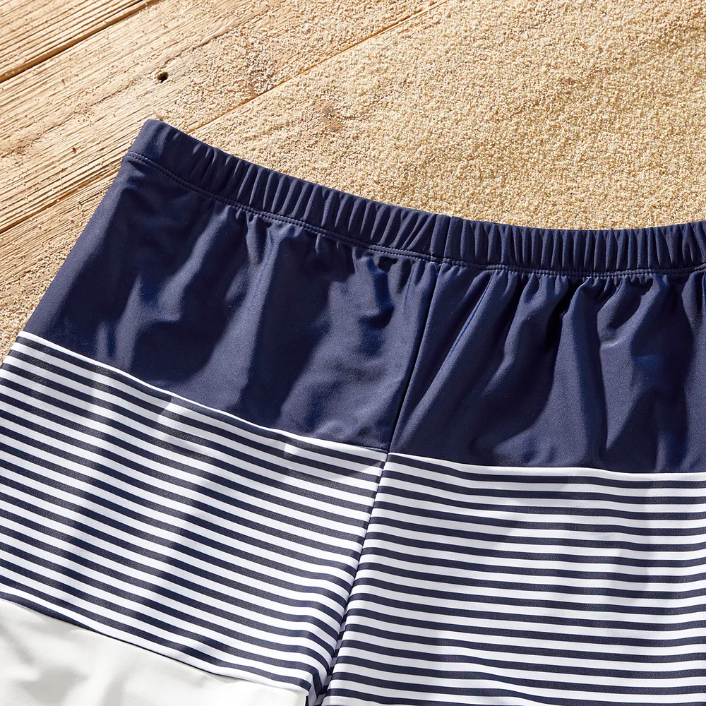 Family Matching Pinstriped Colorblock One Shoulder One-piece Swimsuit or Swim Trunks Shorts  big image 13