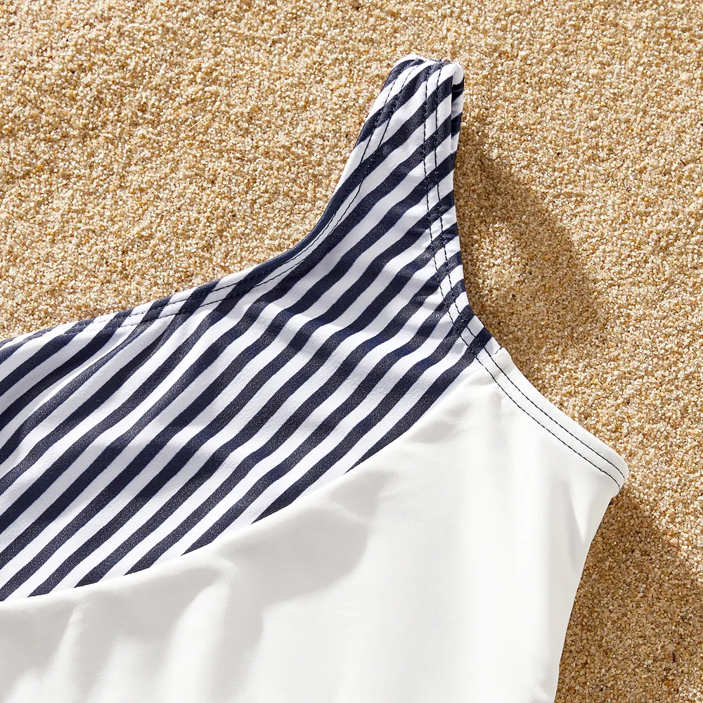 Family Matching Pinstriped Colorblock One Shoulder One-piece Swimsuit or Swim Trunks Shorts big image 8