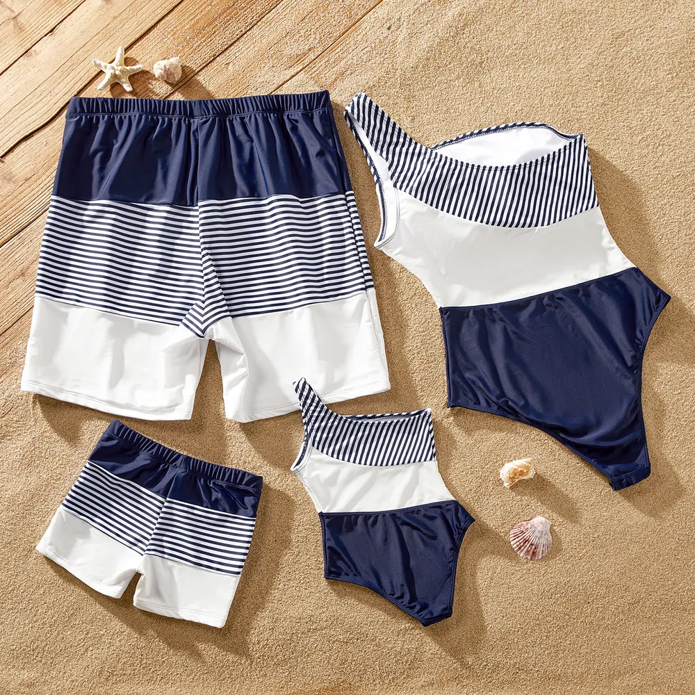 Family Matching Pinstriped Colorblock One Shoulder One-piece Swimsuit or Swim Trunks Shorts  big image 3