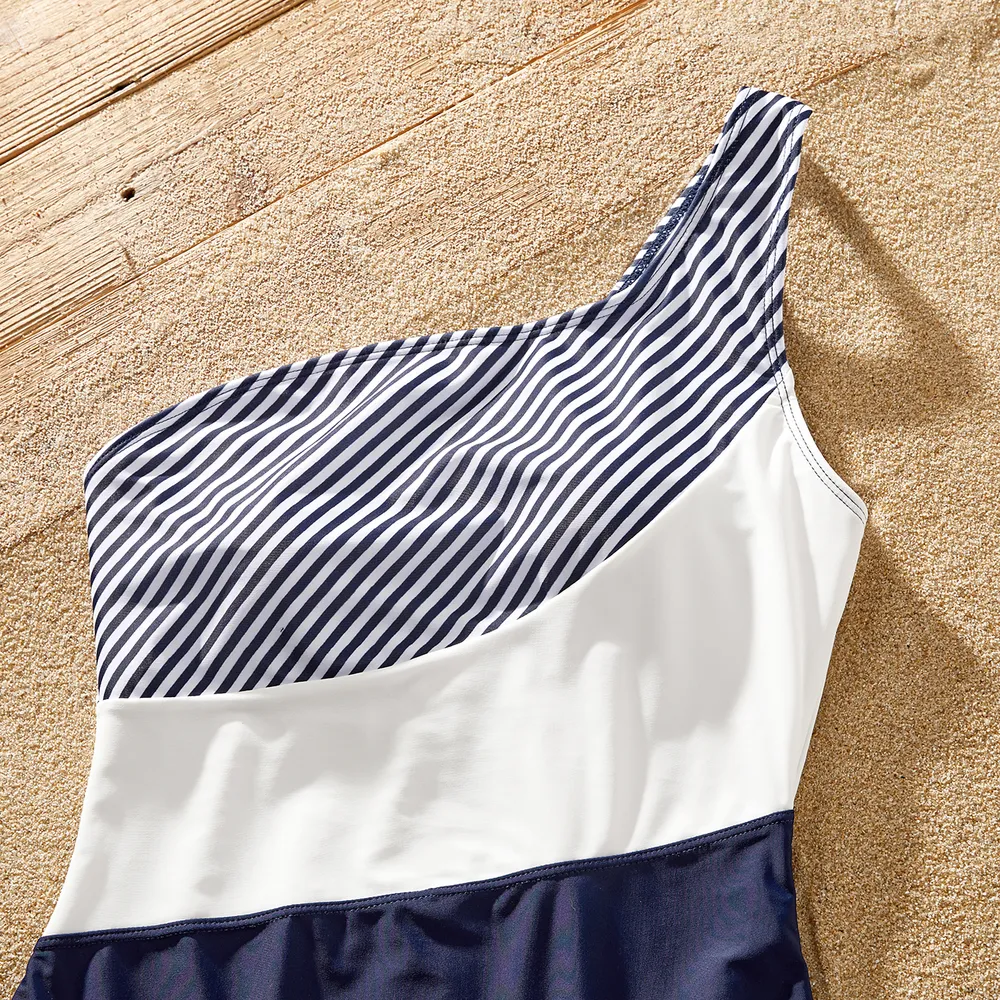 Family Matching Pinstriped Colorblock One Shoulder One-piece Swimsuit or Swim Trunks Shorts  big image 11