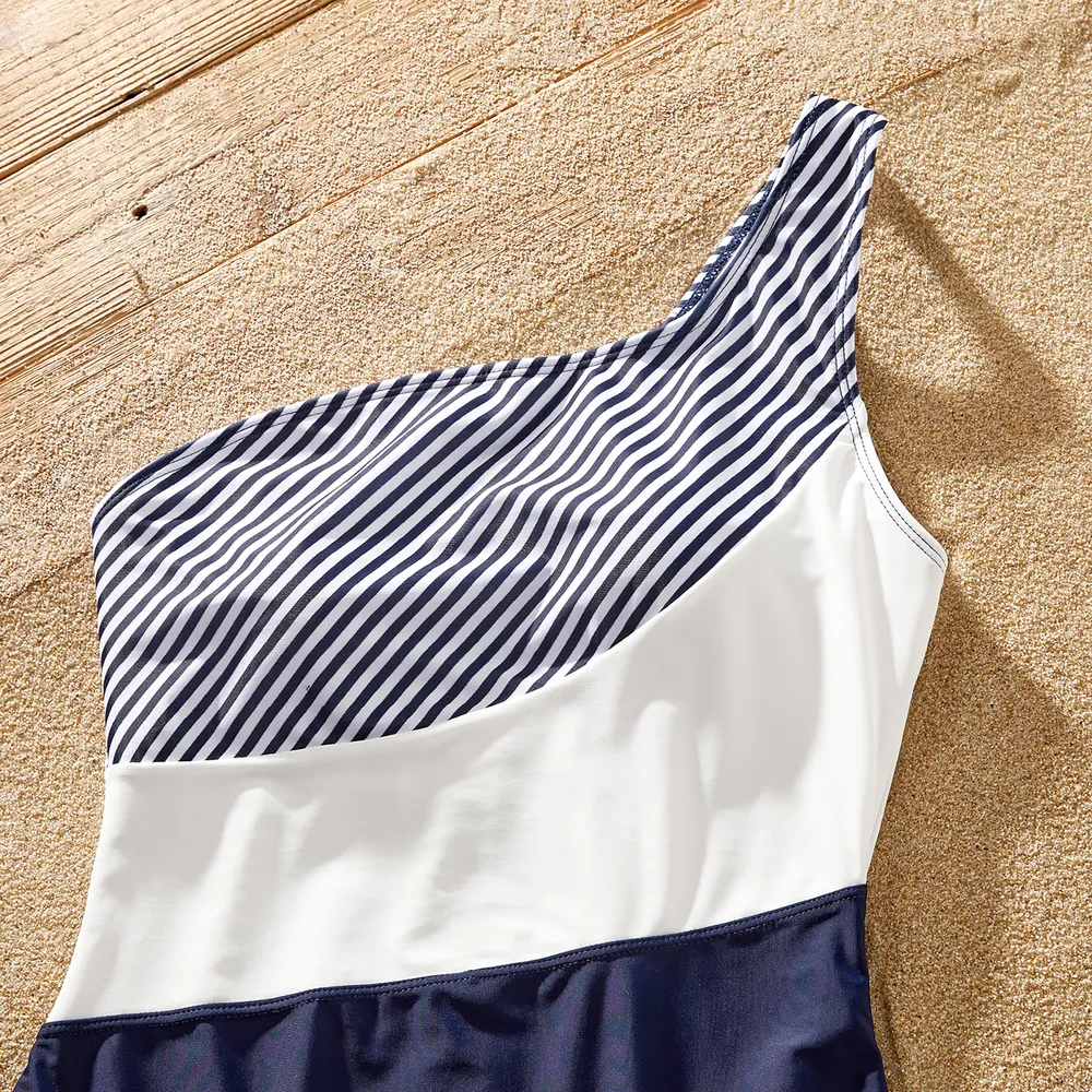 Family Matching Pinstriped Colorblock One Shoulder One-piece Swimsuit or Swim Trunks Shorts big image 11