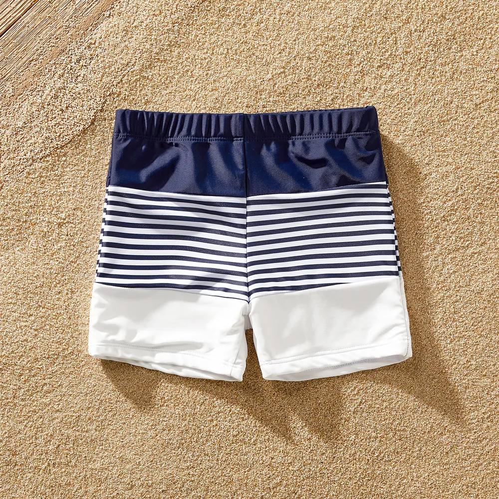 Family Matching Pinstriped Colorblock One Shoulder One-piece Swimsuit or Swim Trunks Shorts  big image 1