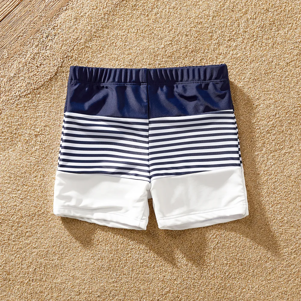 Family Matching Pinstriped Colorblock One Shoulder One-piece Swimsuit or Swim Trunks Shorts big image 1