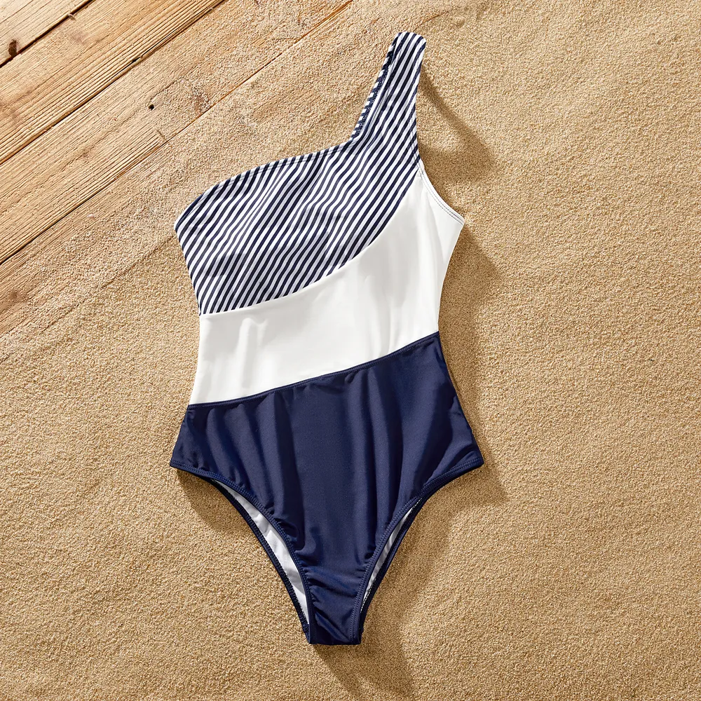 Family Matching Pinstriped Colorblock One Shoulder One-piece Swimsuit or Swim Trunks Shorts big image 9