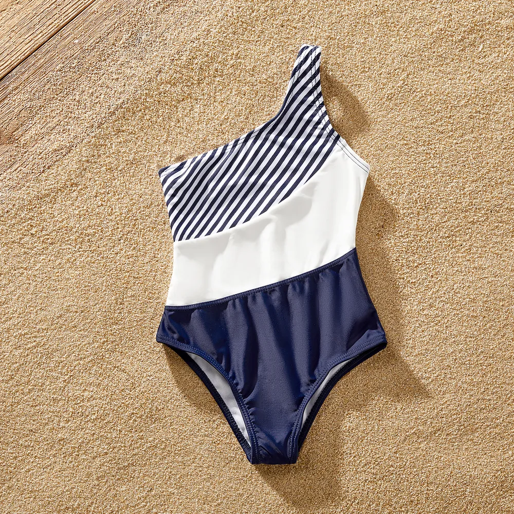 Family Matching Pinstriped Colorblock One Shoulder One-piece Swimsuit or Swim Trunks Shorts  big image 6