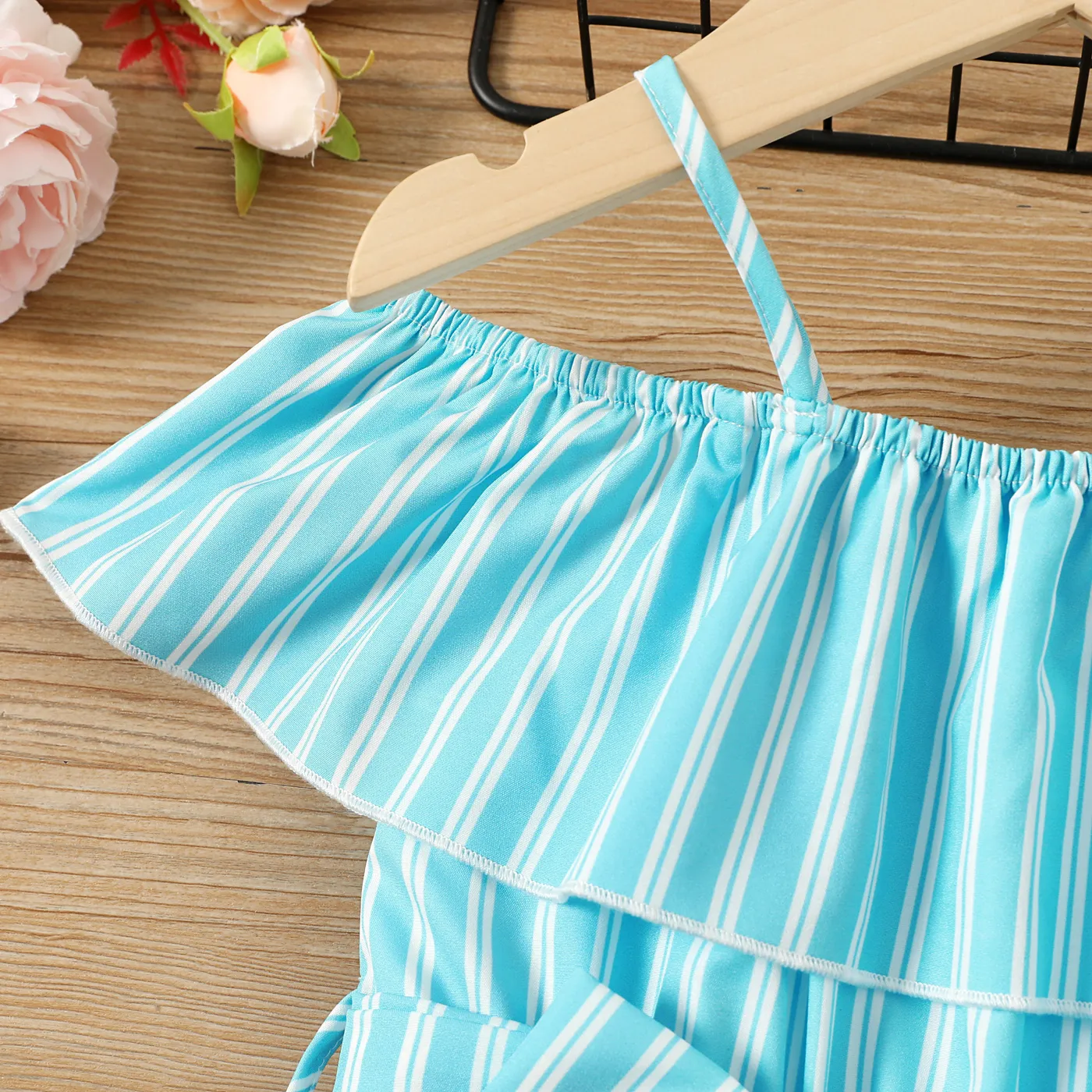 Toddler Girl Stripe Belted Ruffled Cami Romper Turquoise image 2