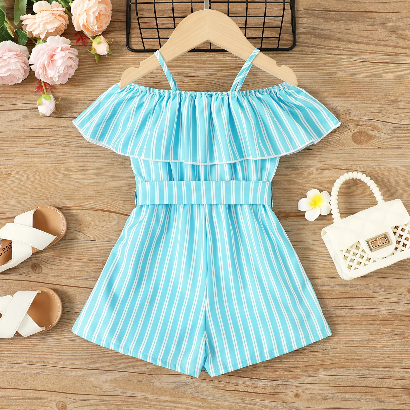 Toddler Girl Stripe Belted Ruffled Cami Romper Turquoise image 5