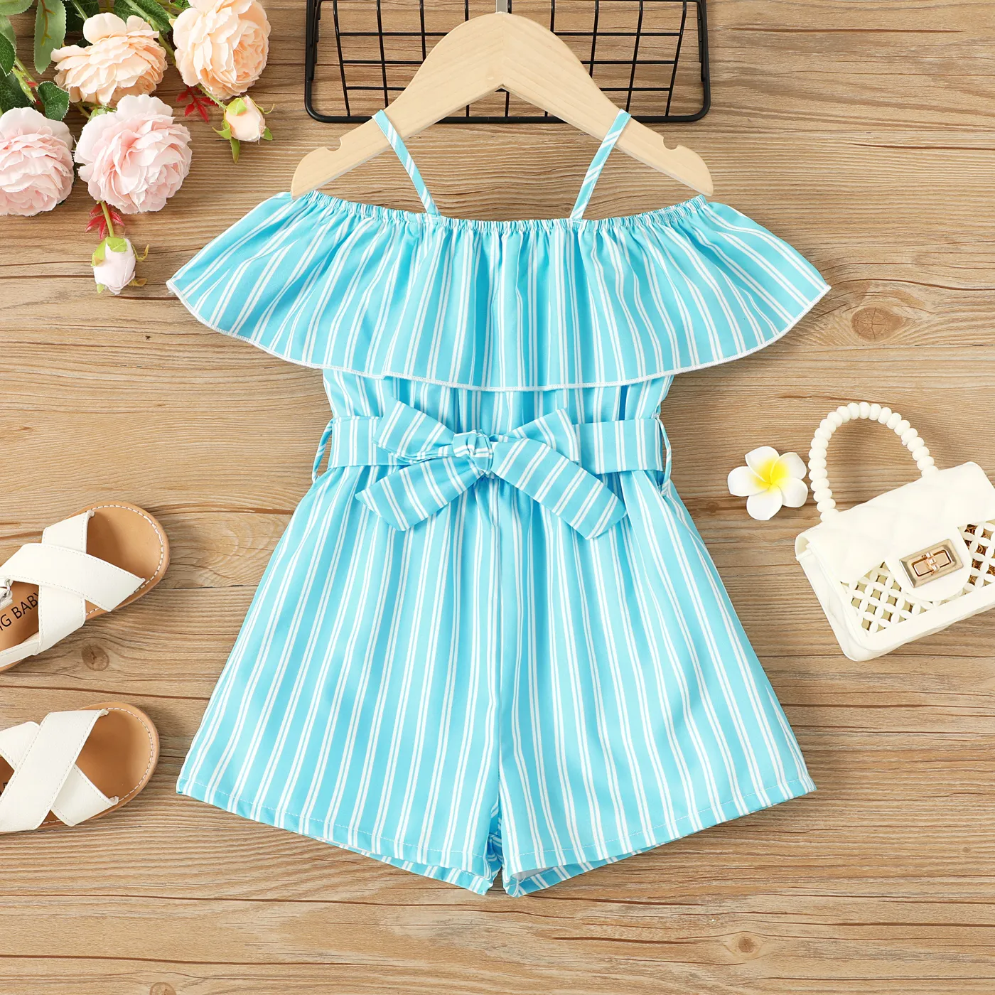 Toddler Girl Stripe Belted Ruffled Cami Romper Turquoise big image 1