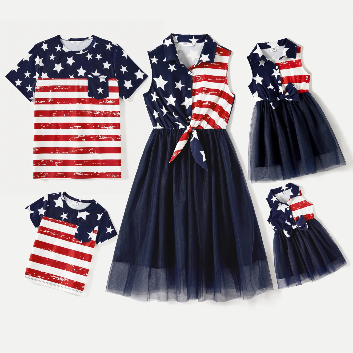 Independence Day Family Matching Stars & Striped Print Spliced Mesh Tank Dresses and Short-sleeve T-shirts Sets  image 2