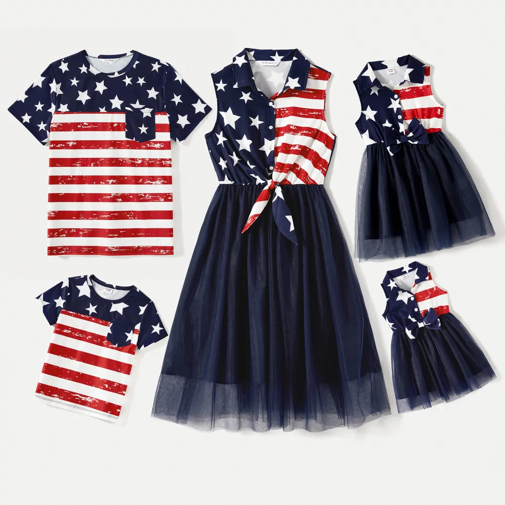 Independence Day Family Matching Stars & Striped Print Spliced Mesh Tank Dresses and Short-sleeve T-shirts Sets  big image 2
