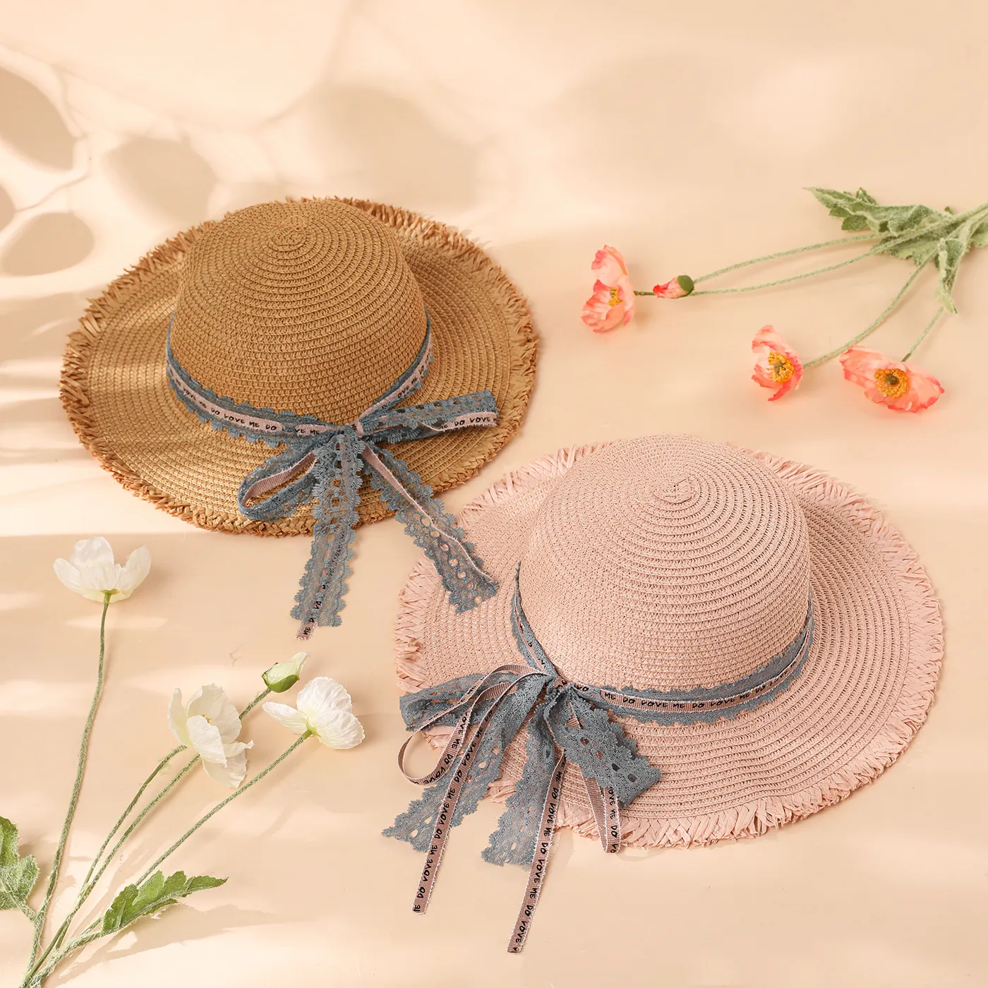 Women/Kid Summer Bow Decor Straw Hat Khaki image 5