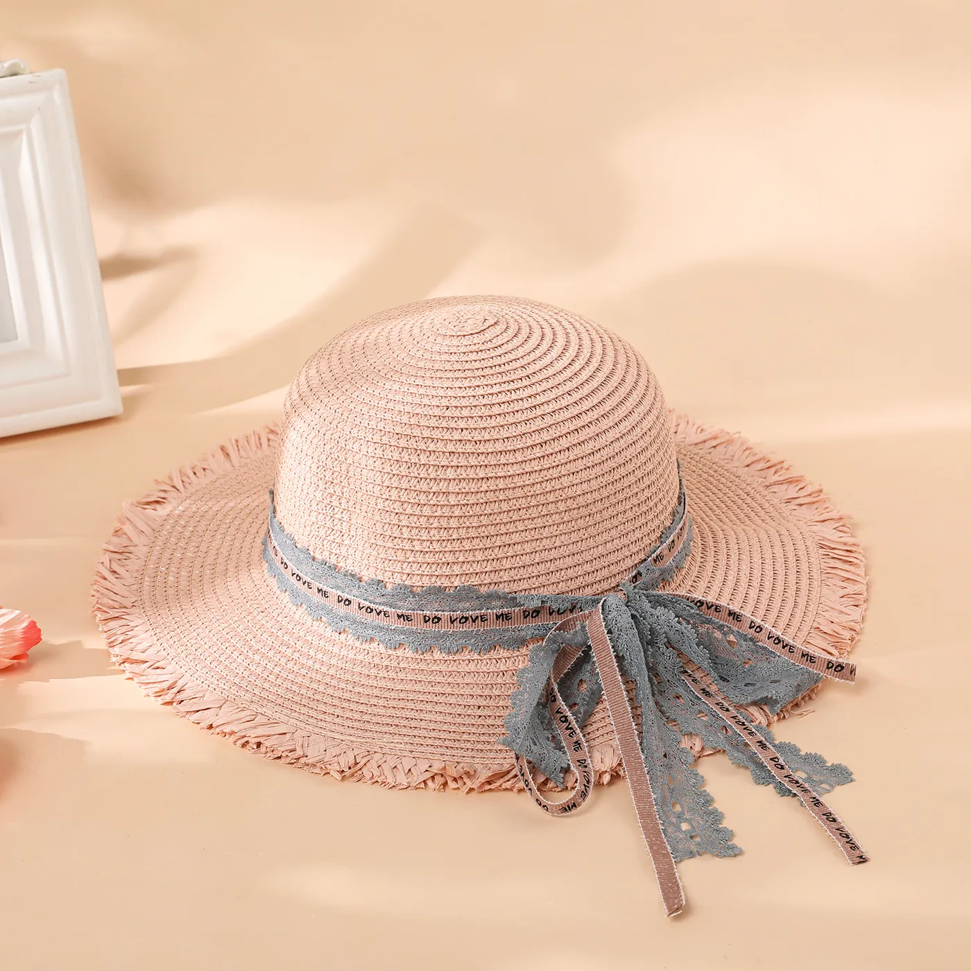 Women/Kid Summer Bow Decor Straw Hat Light Pink