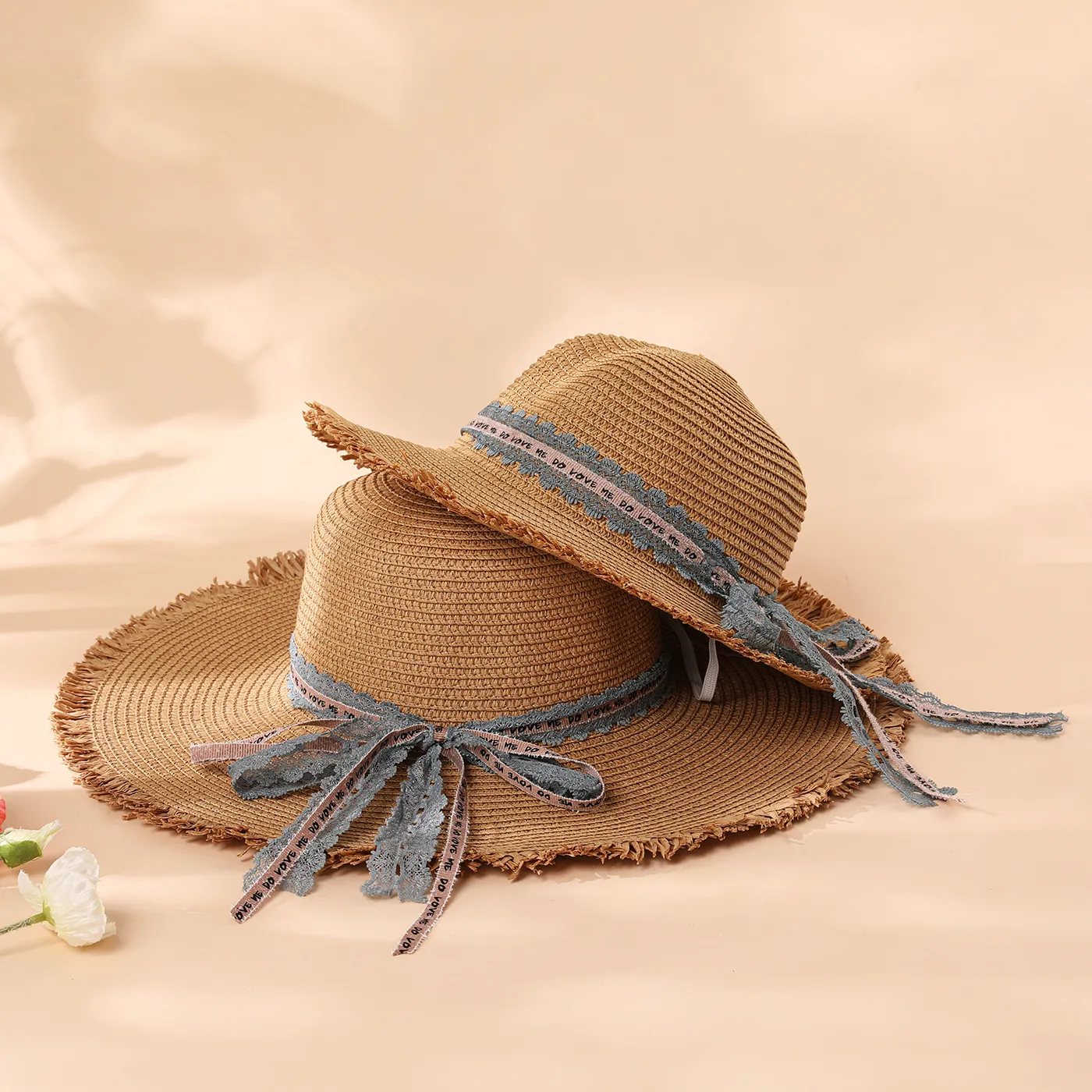 Women/Kid Summer Bow Decor Straw Hat Khaki image 4