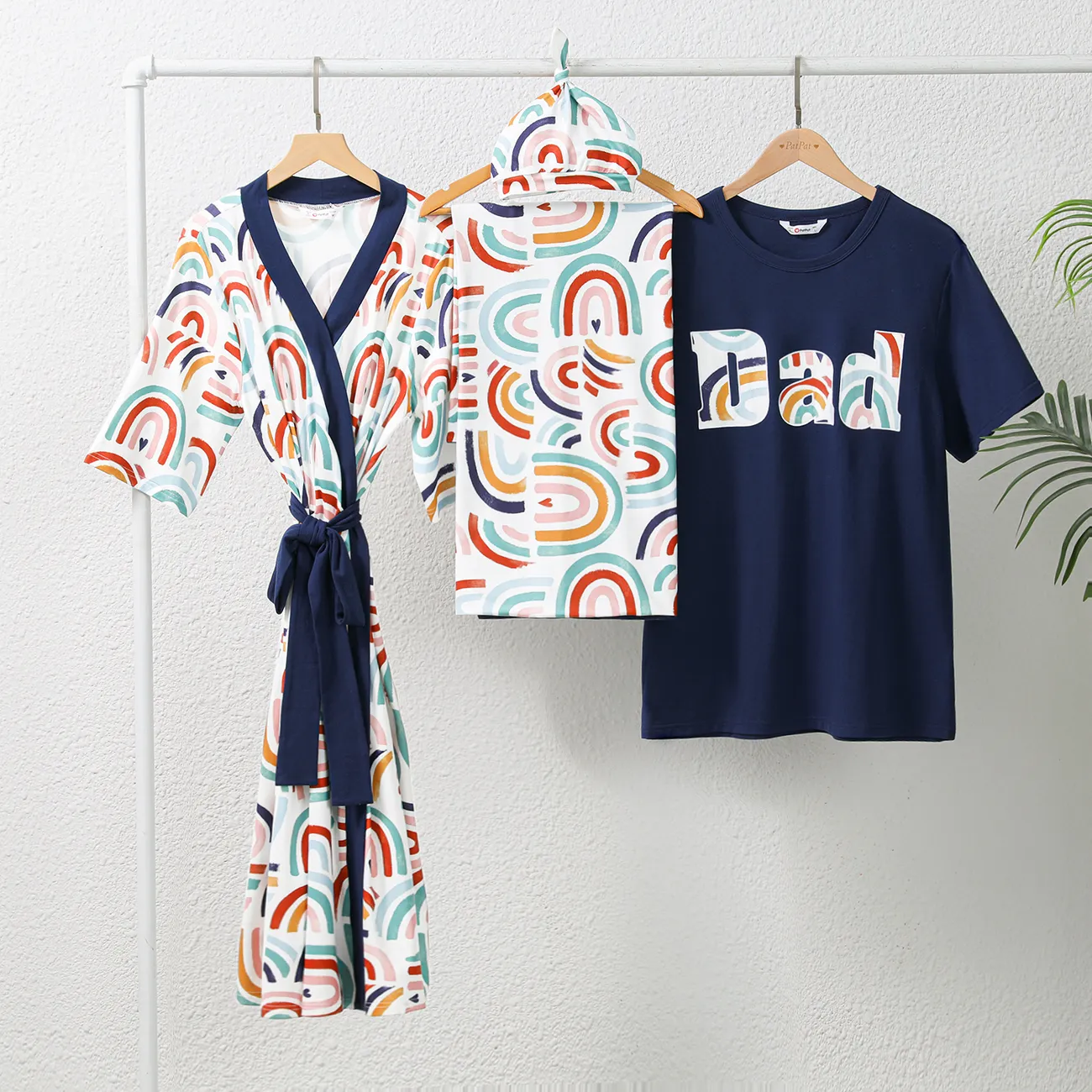 Family Matching Allover Rainbow Print Belted Robe or Swaddle Blanket or Cotton Letter Graphic Short-sleeve Tee Sets Colorful big image 1