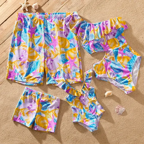 Family Matching Allover Ocean Print Ruffled One-piece Swimsuit or Swim Trunks