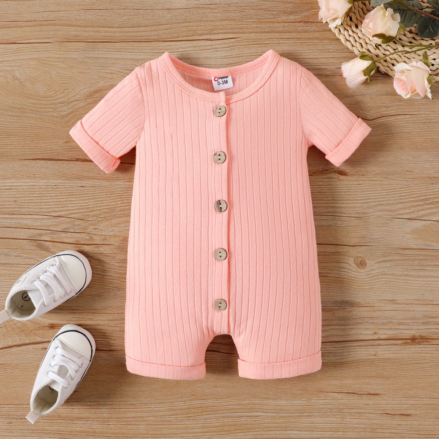 Baby Boy/Girl Solid Cotton Ribbed Button Front Short-sleeve Romper