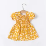 嬰兒 褶飾 碎花 甜美 短袖 連衣裙 黃色