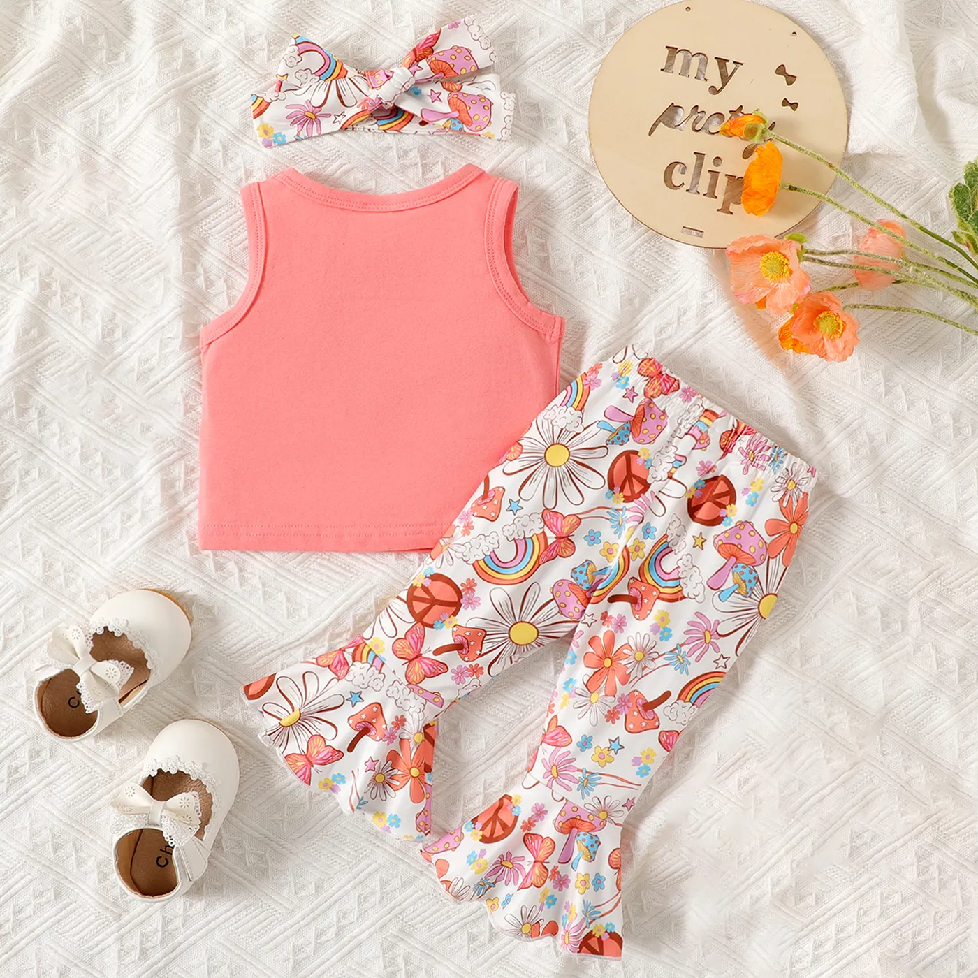 3pcs Baby Girl 95% Cotton Letters Print Sleeveless Top and Allover Print Flared Pants & Headband Set  image 2