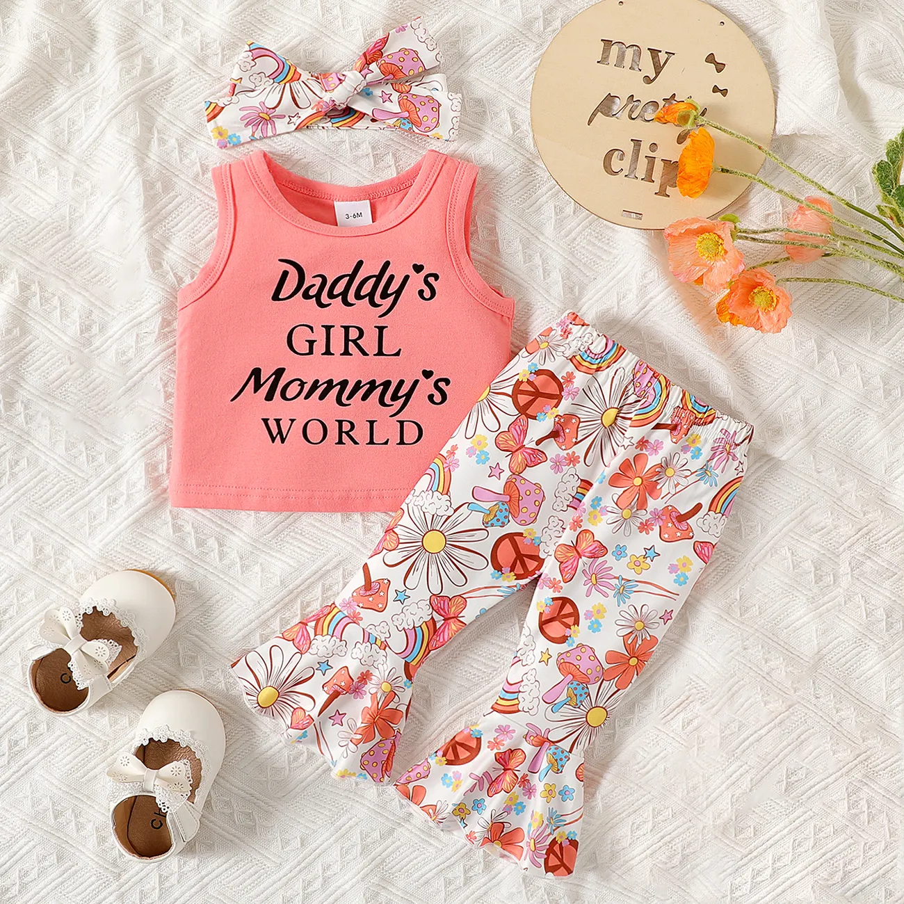 3pcs Baby Girl 95% Cotton Letters Print Sleeveless Top and Allover Print Flared Pants & Headband Set  big image 1