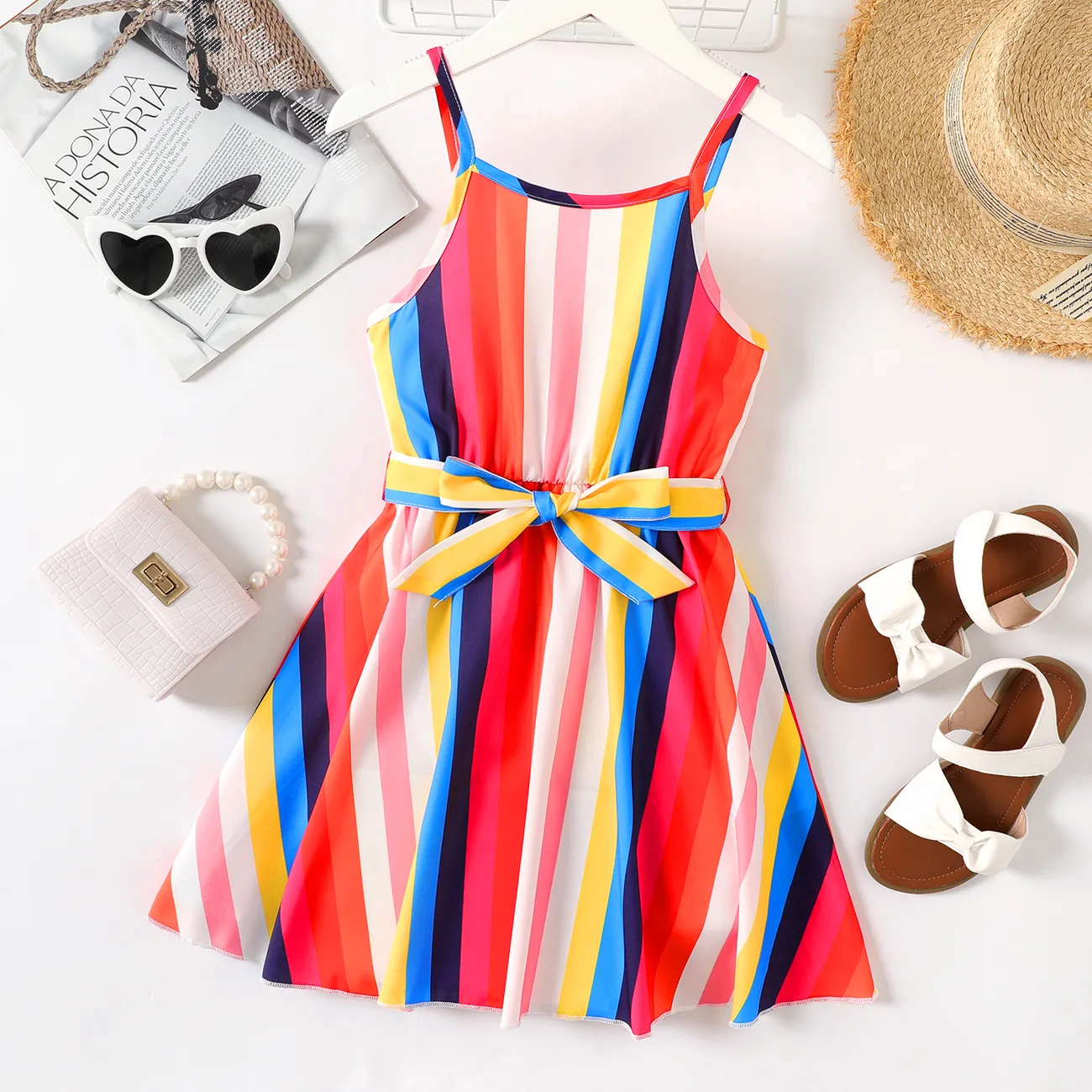 Kid Girl Allover Stripe Print Belted Slip Dress Multi-color big image 1