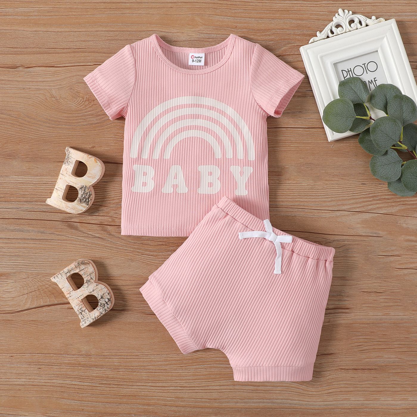 2pcs Baby Boy/Girl Cotton Letters Print Ribbed Short-sleeve Tee And Cotton Shorts Set