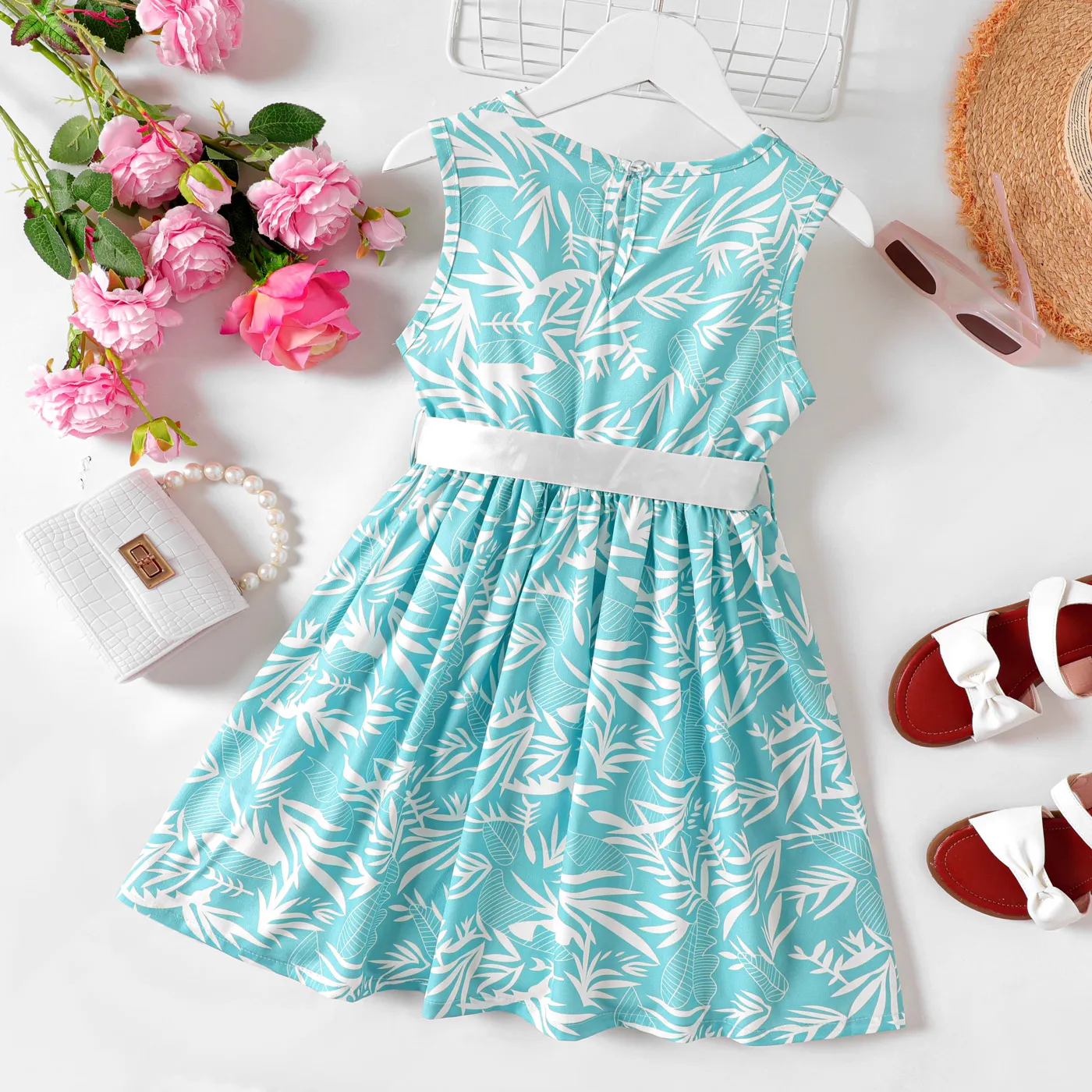 Kid Girl Allover Plant Print Belted Tank Dress  image 2