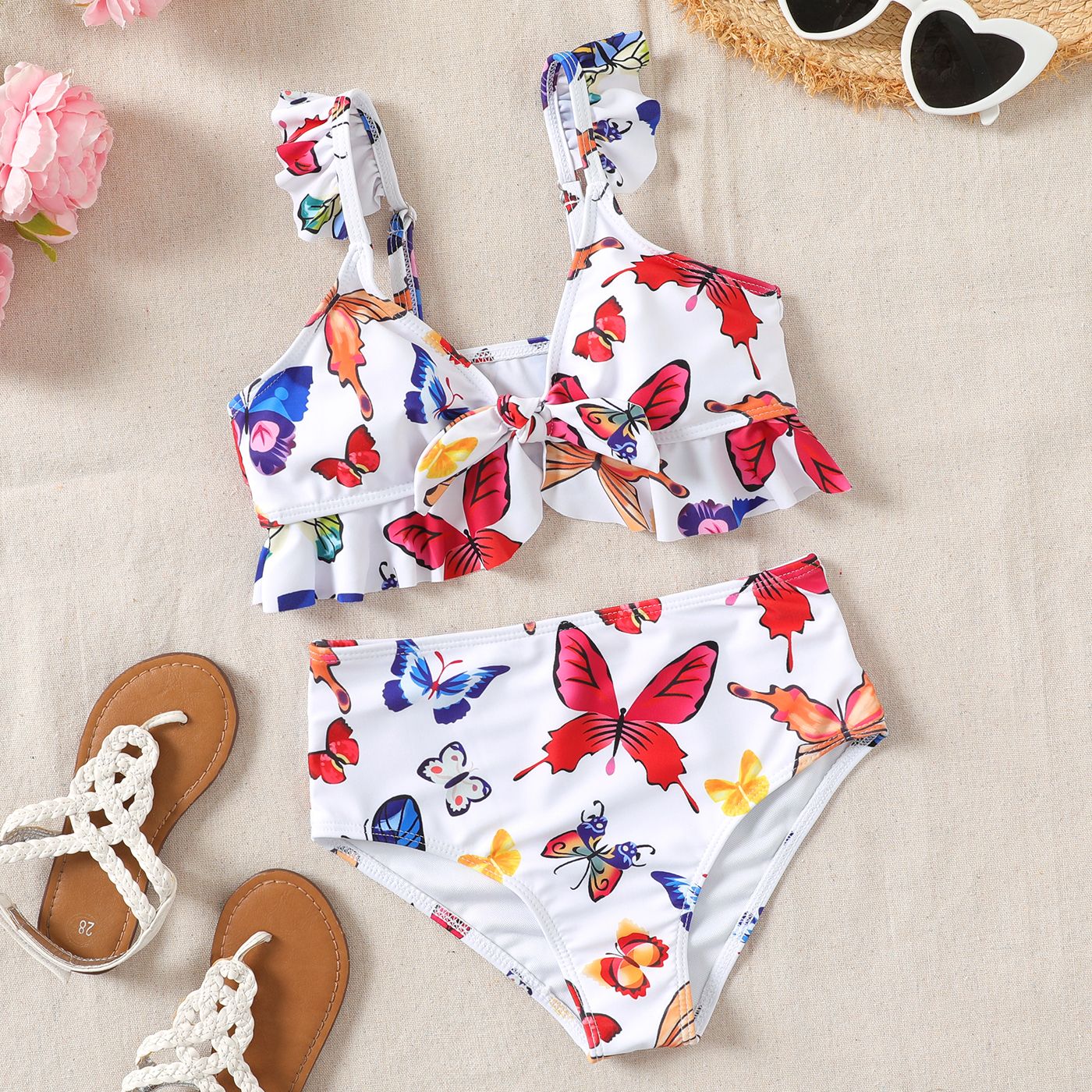 2pcs Kid Girl Butterfly Print Ruffled Swimsuit
