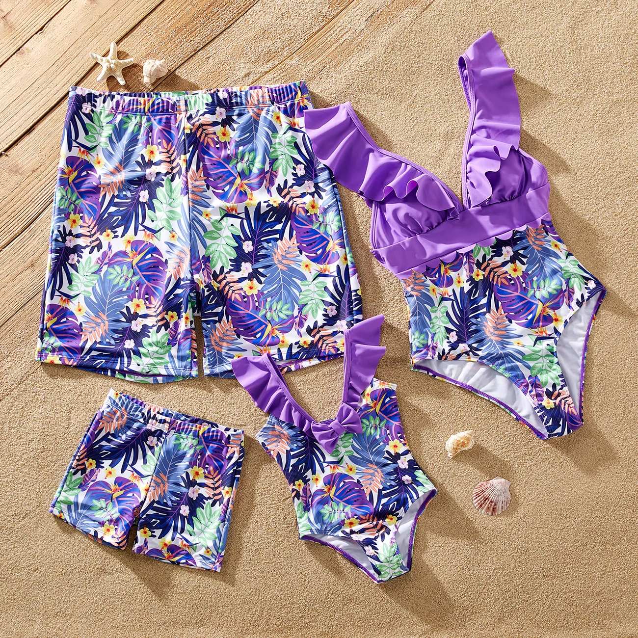 Family Matching Plant Print Ruffled One-piece Swimsuit or Swim Trunks Shorts  big image 1
