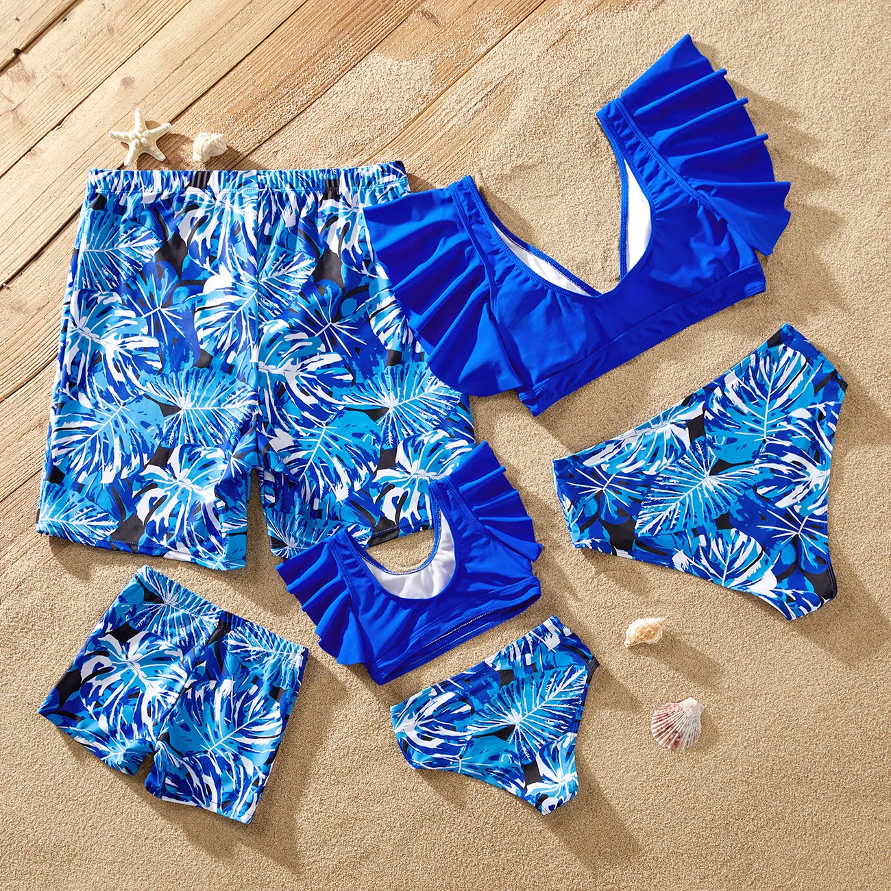 Family Matching Plant Print Ruffled Two-piece Swimsuit or Swim Trunks Shorts Blue big image 1