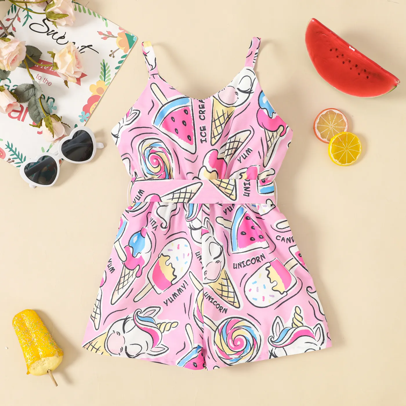 Toddler Girl Ice Cream & Candy Print Belted Slip Romper  image 2