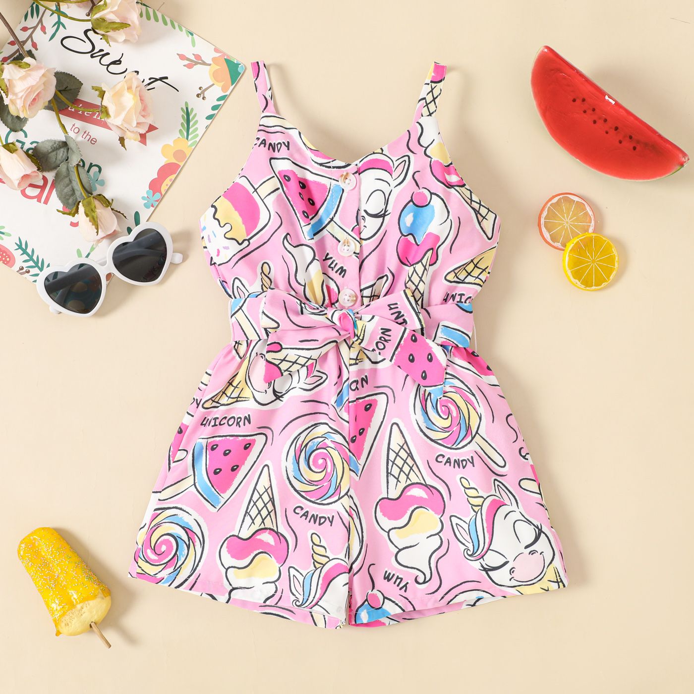Toddler Girl Ice Cream & Candy Print Belted Slip Romper