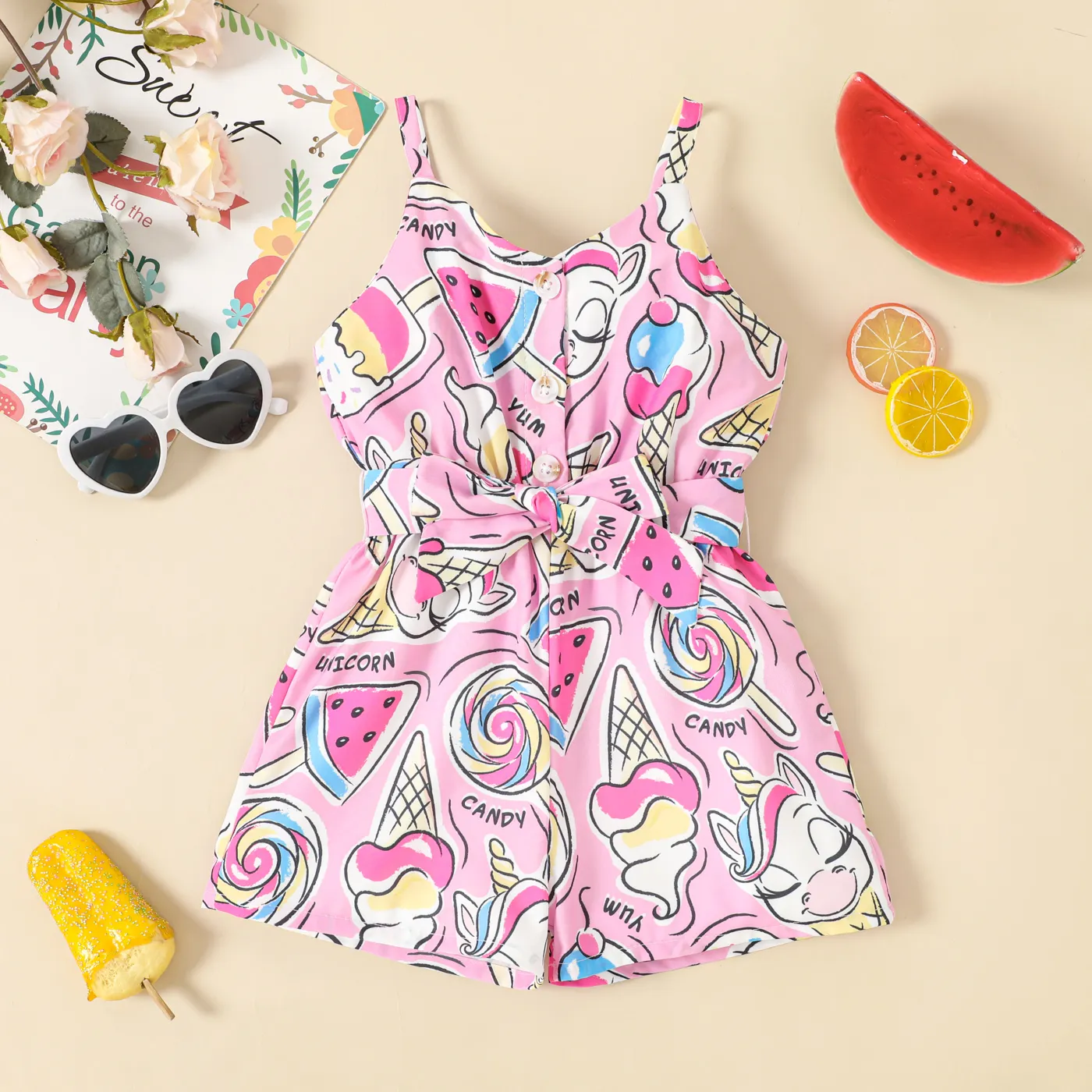 Toddler Girl Ice Cream & Candy Print Belted Slip Romper  big image 1