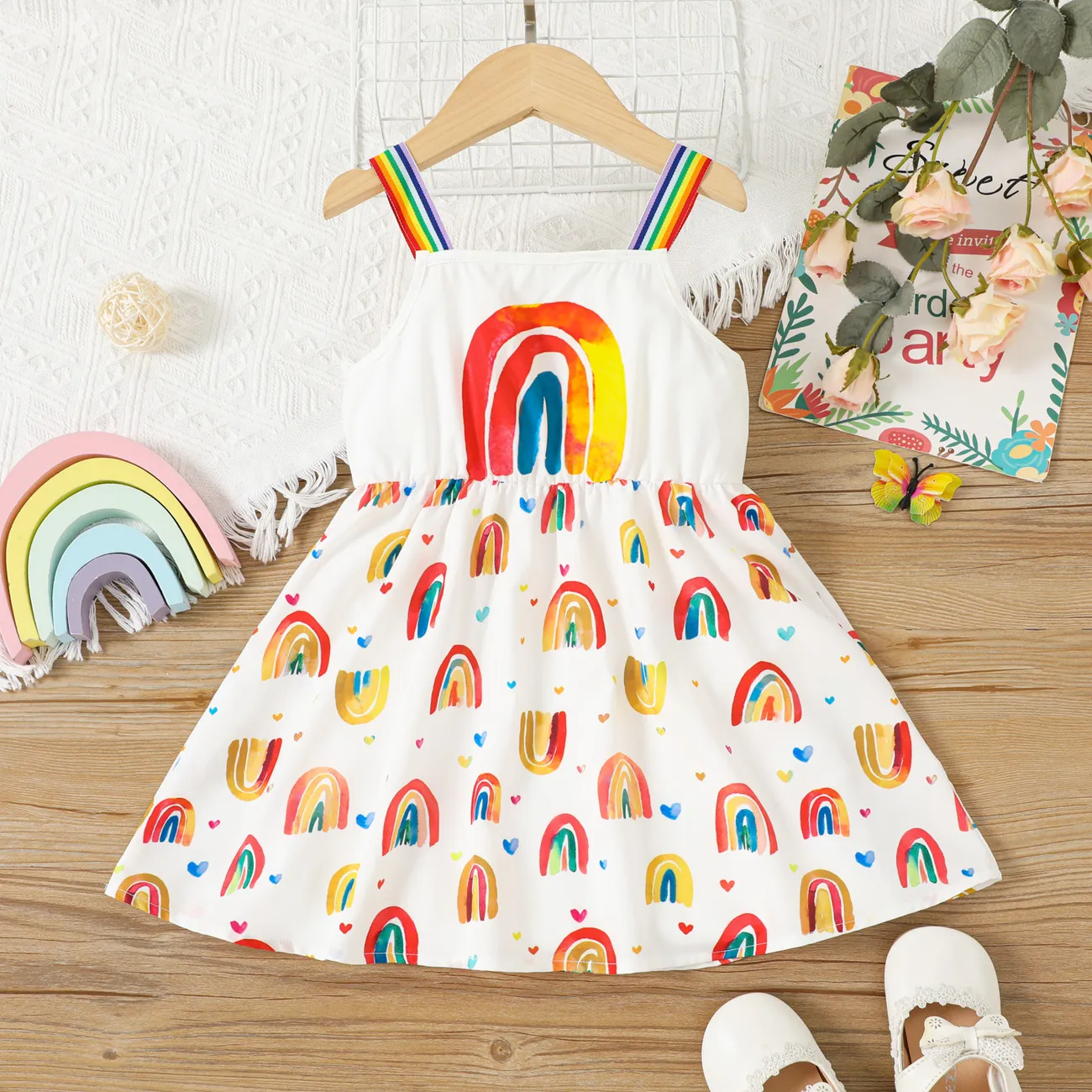 Toddler Girl Allover Rainbow Heart Print Strappy Dress Multicolour-1 big image 1