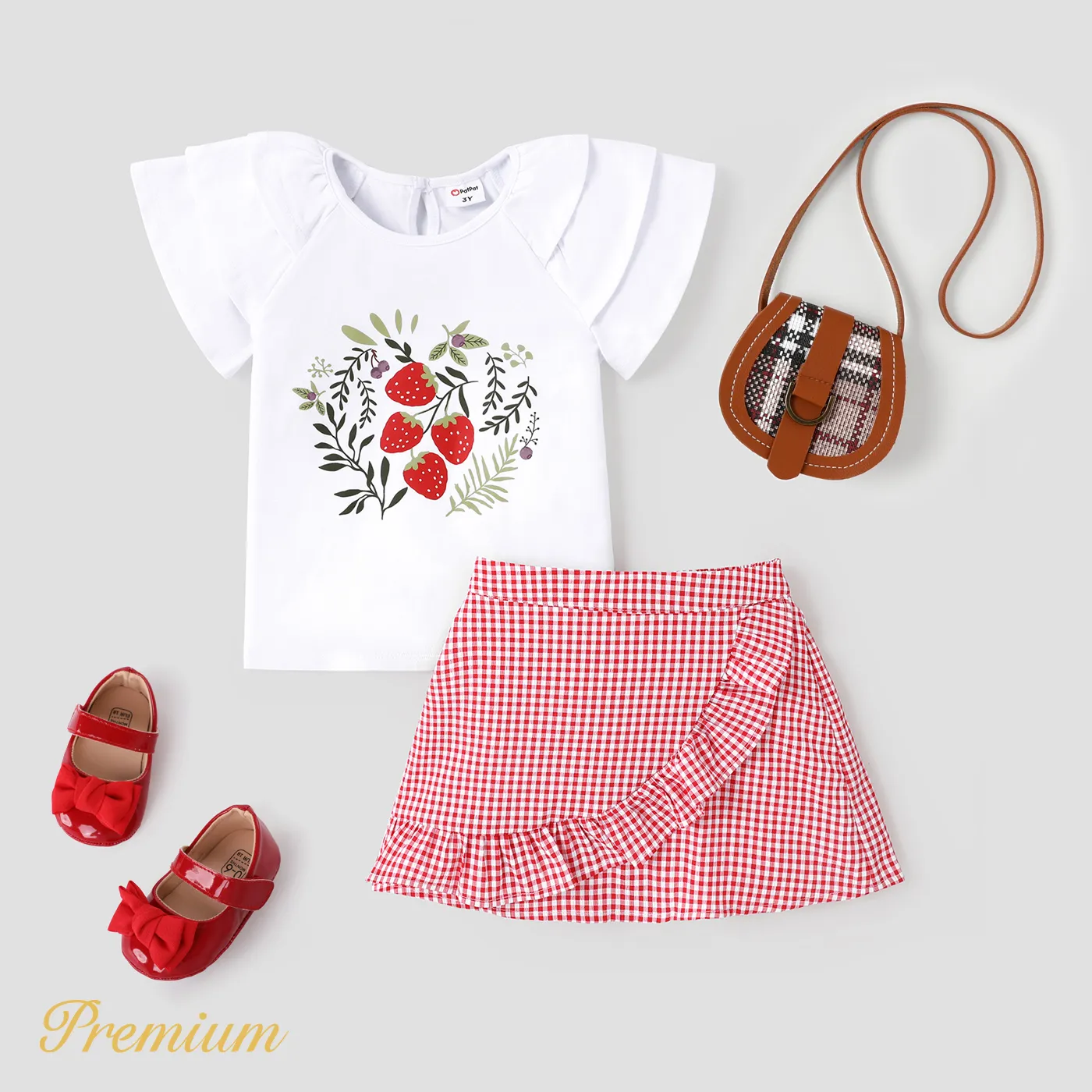 2pcs Toddler Girl Strawberry Print Coton Top Et Ruffled Tulip Hem Plaid Skirt Set