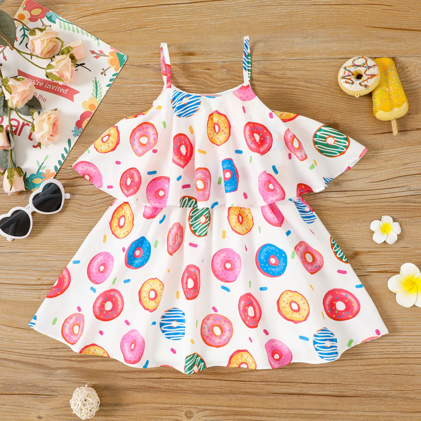 Toddler Girl Donut Print Ruffled Slip Dress