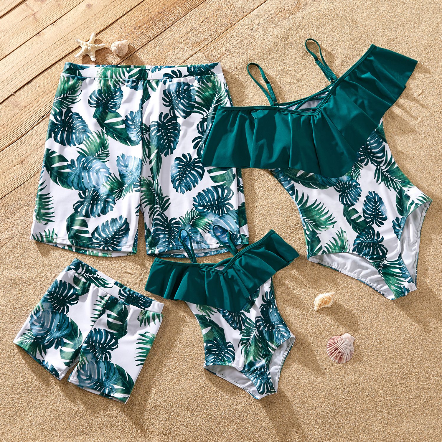 Family Matching Plant Print Ruffled One Piece Swimsuit Or Swim Trunks Shorts