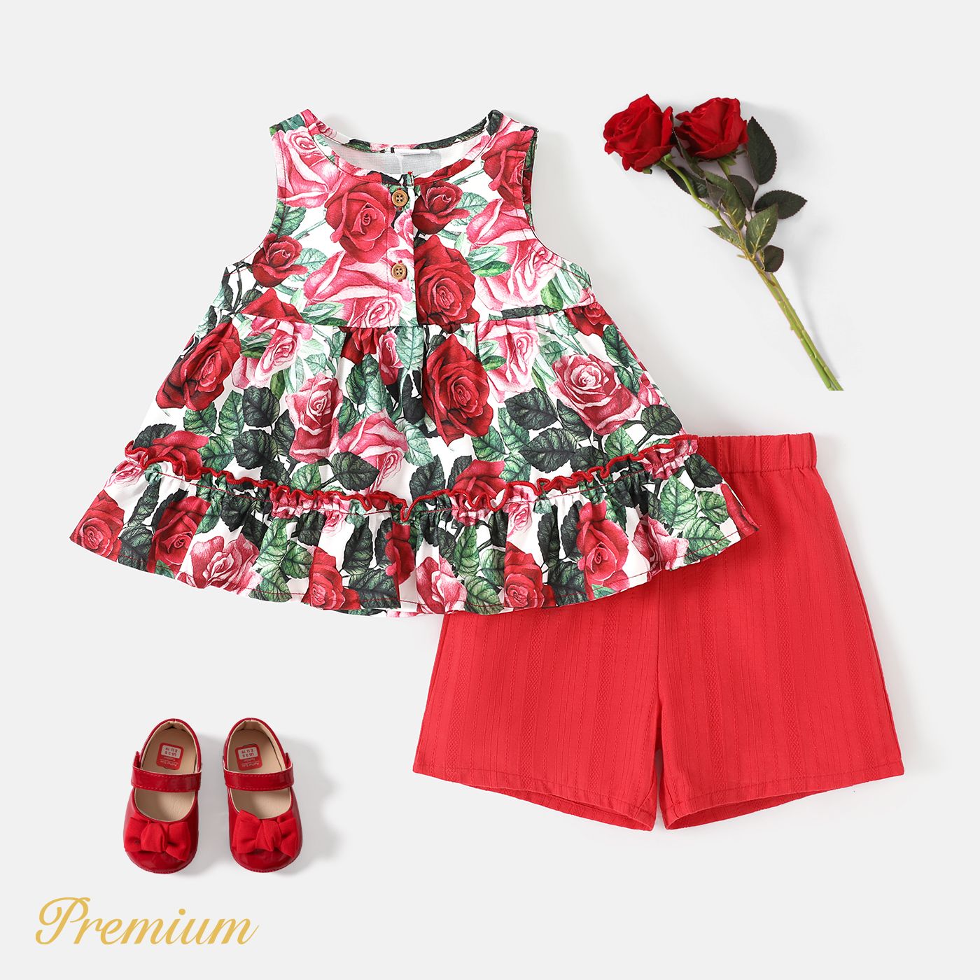 2pcs Toddler Girl Red Floral Print Ruffle Hem Tank Top And 100% Cotton Shorts Set
