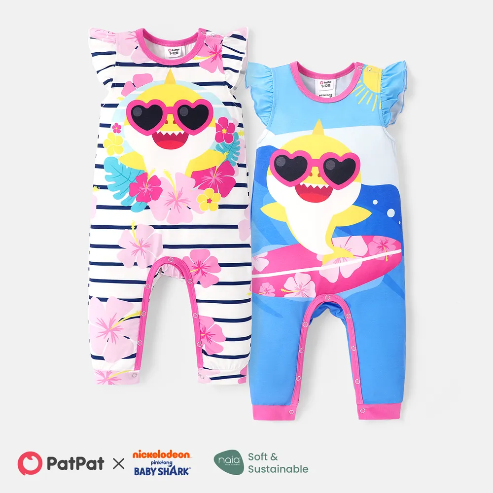Baby Shark Baby Boy/Girl Flutter-sleeve Graphic Striped Naia™ Jumpsuit big image 2