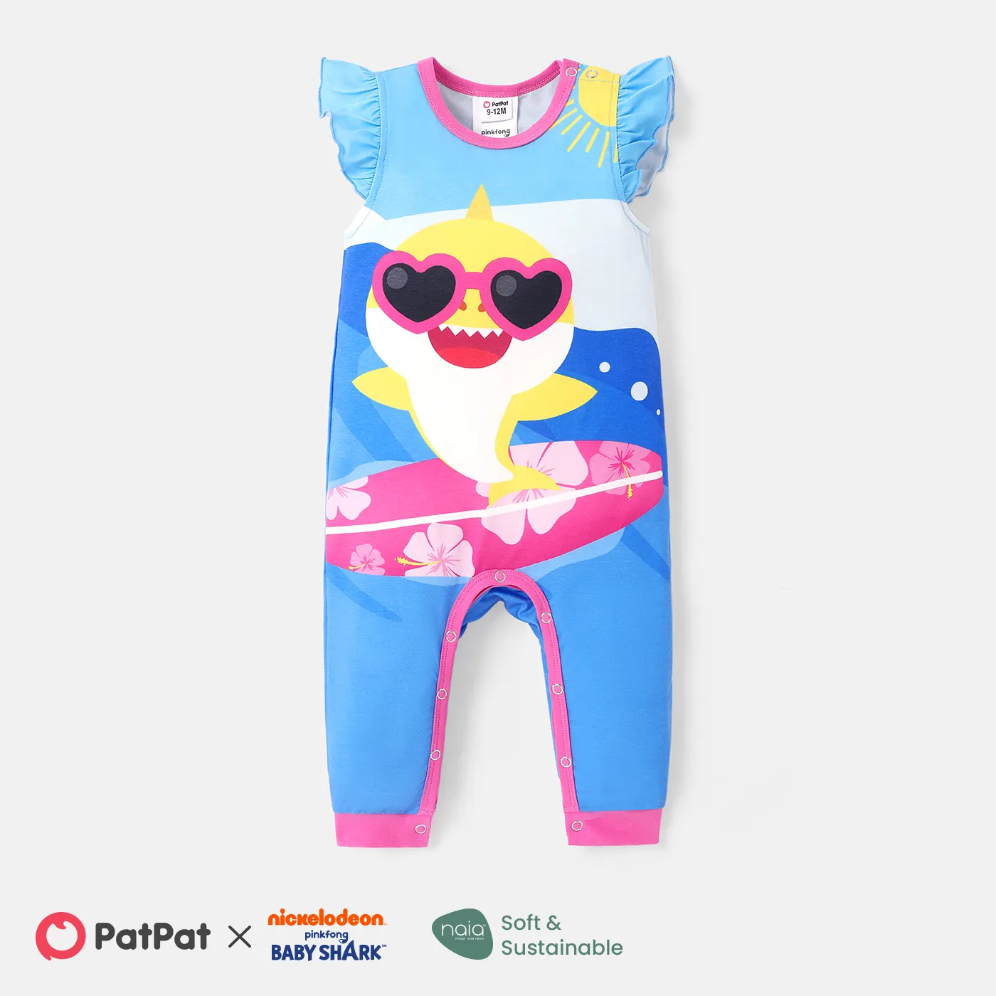 Baby Shark Baby Boy/Girl Flutter-sleeve Grafik gestreifter Naia™ Jumpsuit blau