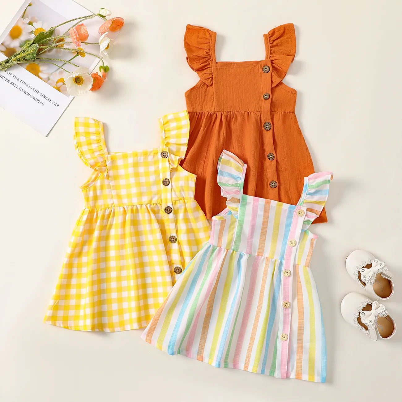 Baby Girl Stripe / Plaid / Solid Flutter-sleeve Dress Naranja big image 1