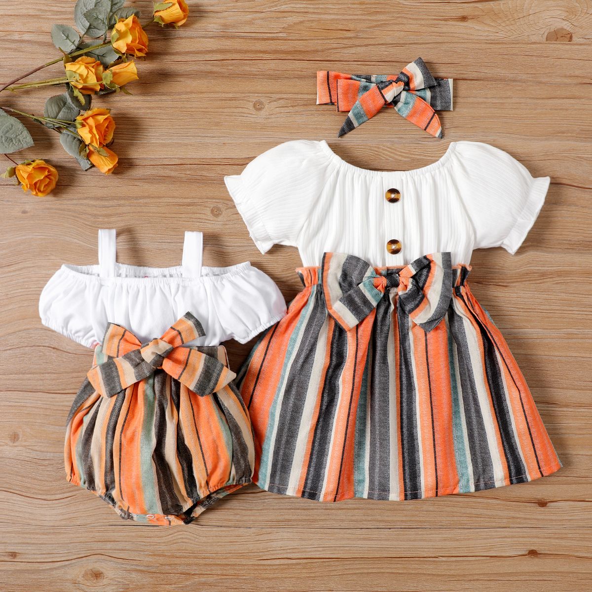 

2pcs Baby Girl Bow Front Stripe Panel Combo Dress with Headband Set / Cold Shoulder Belted Slip Romper