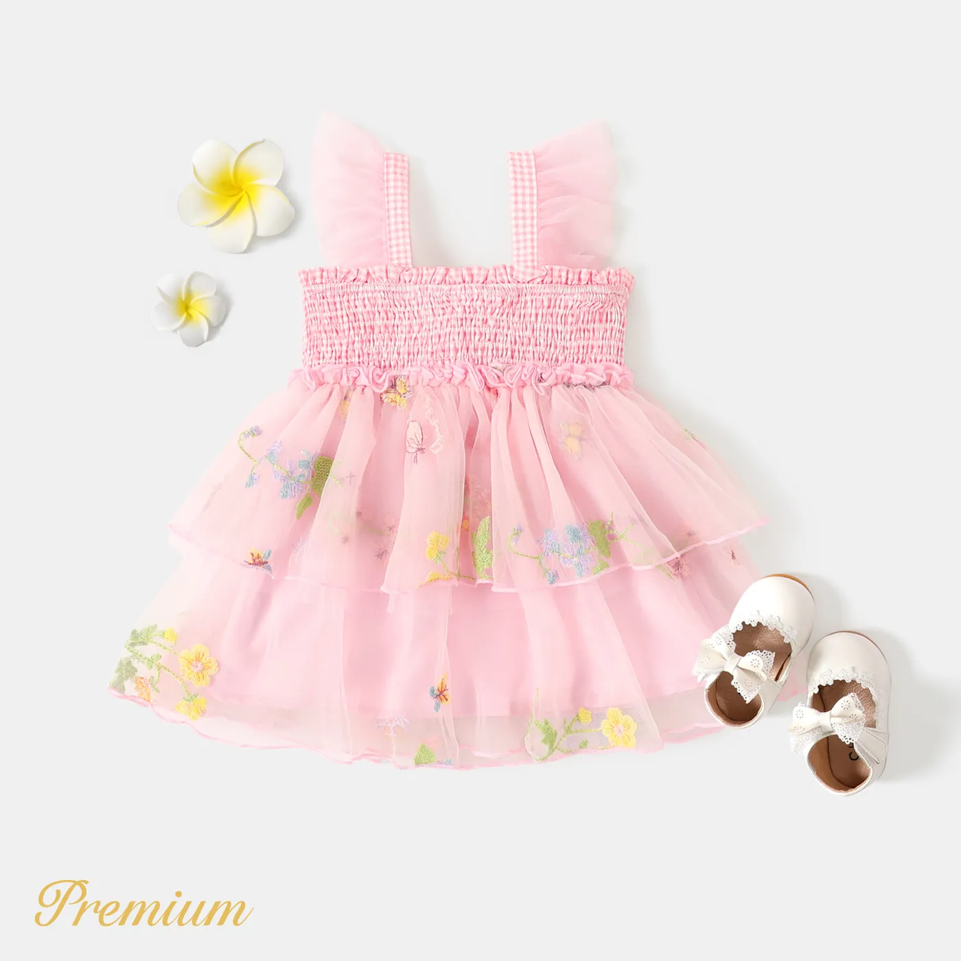 <Sérénade Florale> Baby Girl Plaid Ruffle-sleeve Mesh Overlay Romper / Robe Brodée Florale Smocked Slip Dress