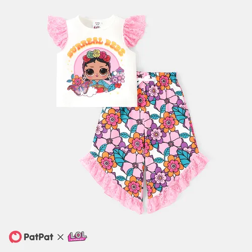 L.O.L. SURPRISE! Kid Girl 2pcs Naia™ Character Print Flutter-sleeve Top and Floral Print Ruffle Hem Pants Set